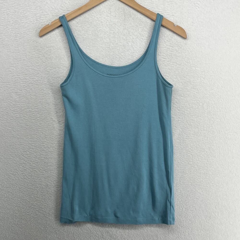 EILEEN FISHER Tank Top XS Slim Organic Cotton Ribbed Jersey Cami Scoop Neck Blue
